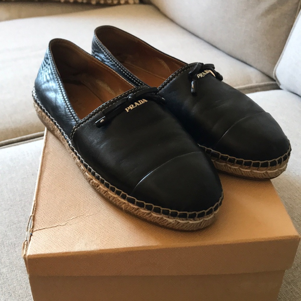 Prada black leather cap-toe espadrille